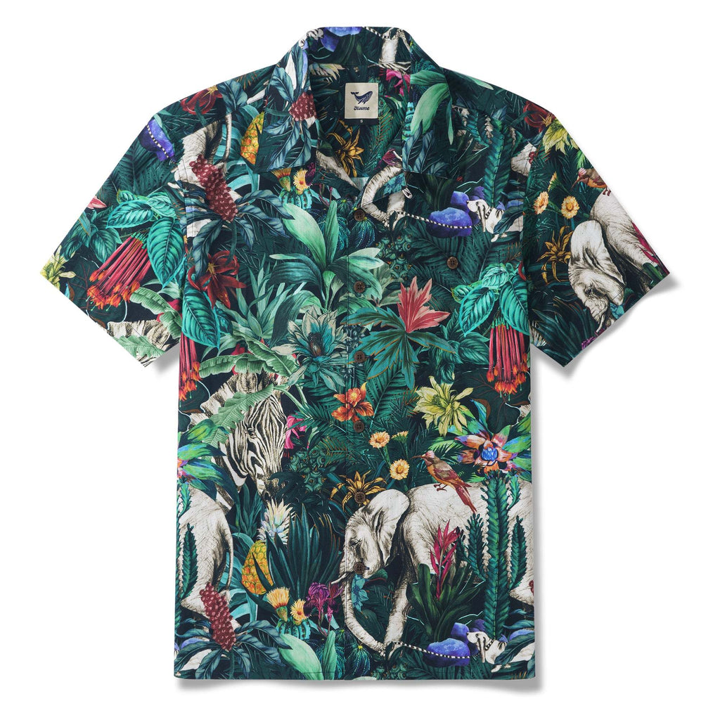 Elephant Jungle Enchantment Menagerie 100% Cotton Men's Aloha Hawaiian Short Sleeve Camp Collar Shirt Zebra Bird Dog By Sylvia