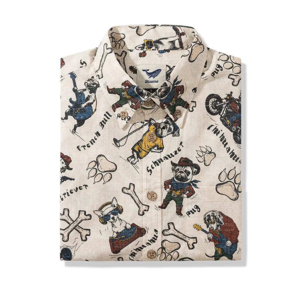 Dog Men's Hawaiian Shirt Short Sleeve Button-down 100% Cotton Blue Aloha Canine Clubhouse By Huan huan