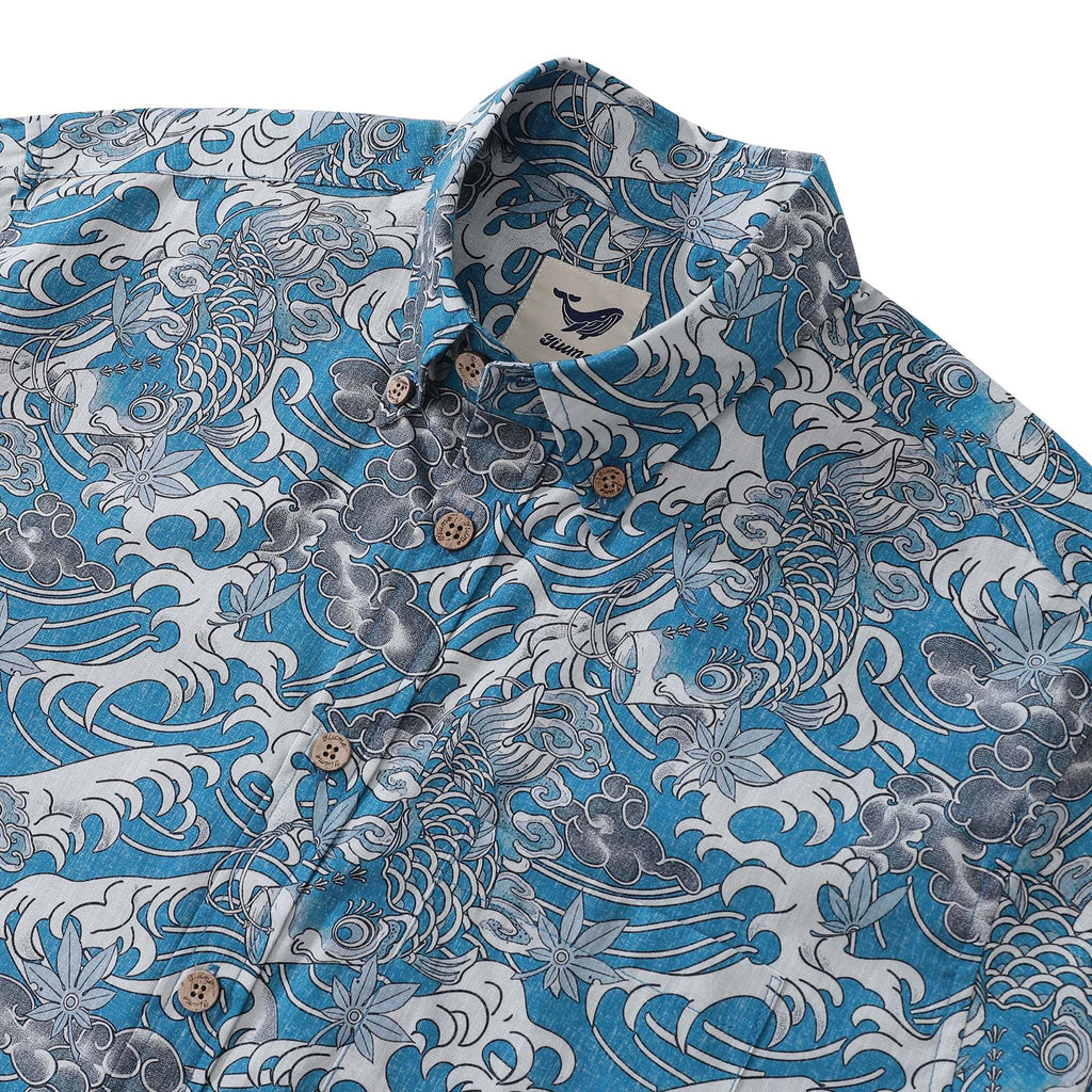 Hawaiian Shirt For Men Koi Waves Button-down Shirt Short Sleeve 100% Cotton Shirt By Cigar