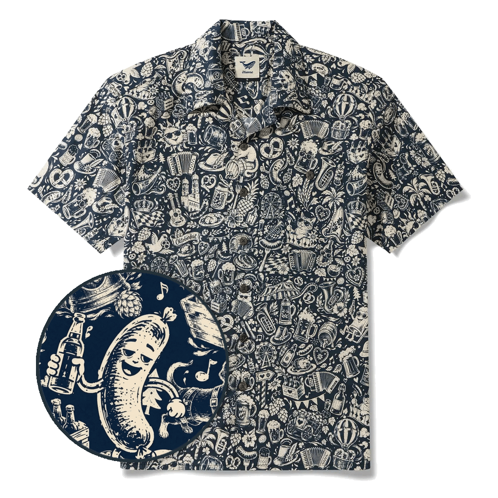 Men's Hawaiian Shirt Short Sleeve Camp Collar 100% Cotton Blue Aloha Vintage Beer Festival Cheer - Blue By Cigar
