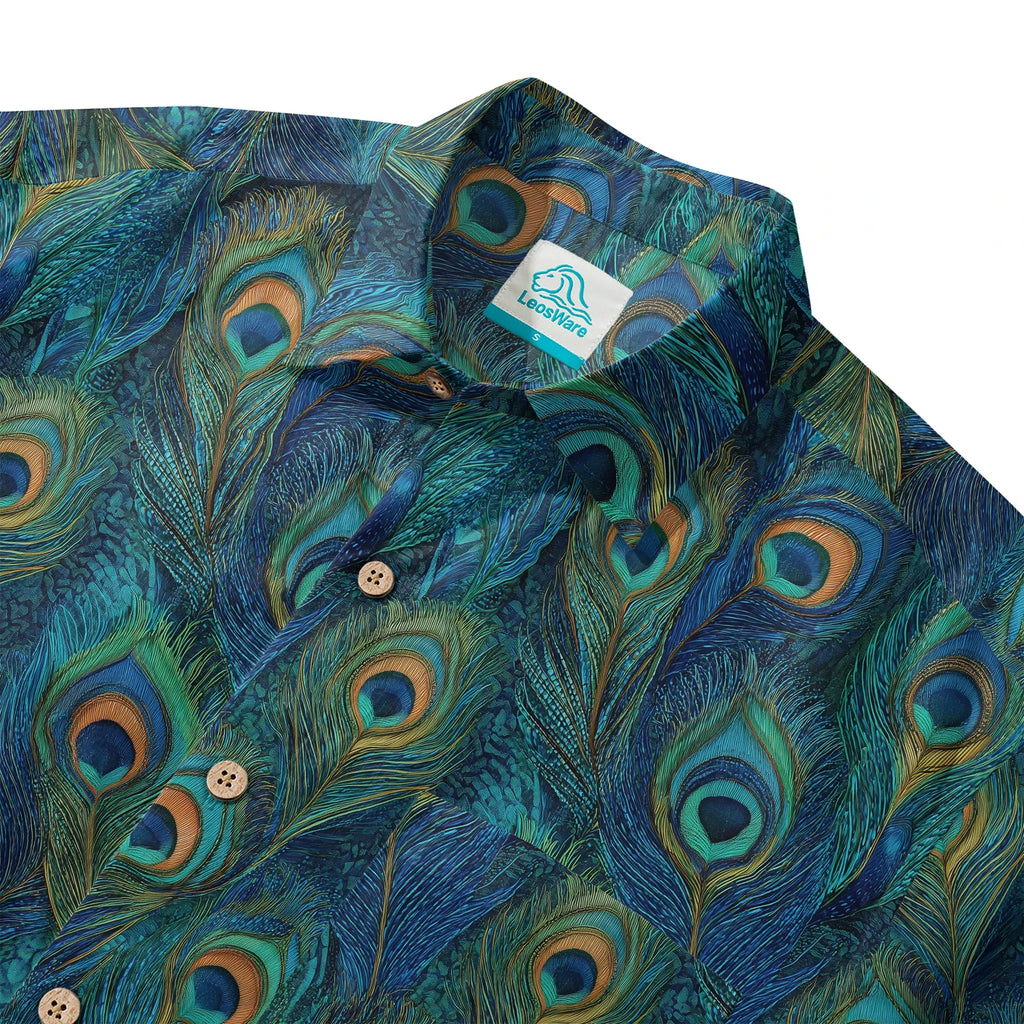 LeosWare® Peacock Men's Hawaiian Shirt Short Sleeve Button-up 100% Cotton Blue Aloha Indigo Feathered Elegance By Ann