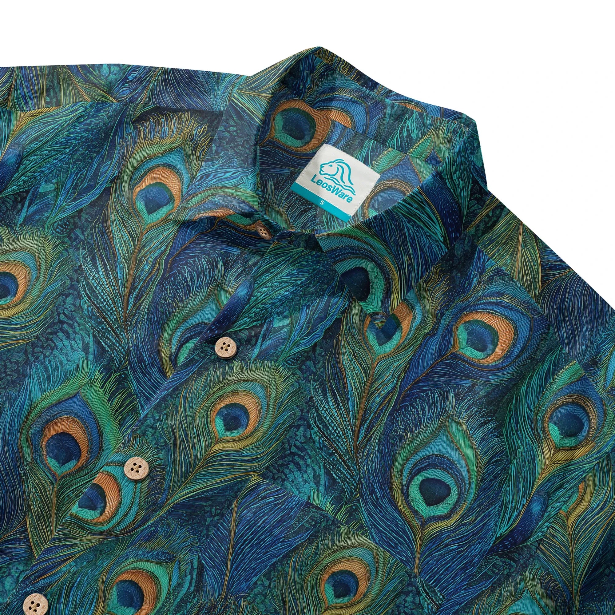 LeosWare® Peacock Men's Hawaiian Shirt Short Sleeve Button-up 100% Cotton Blue Aloha Indigo Feathered Elegance By Ann