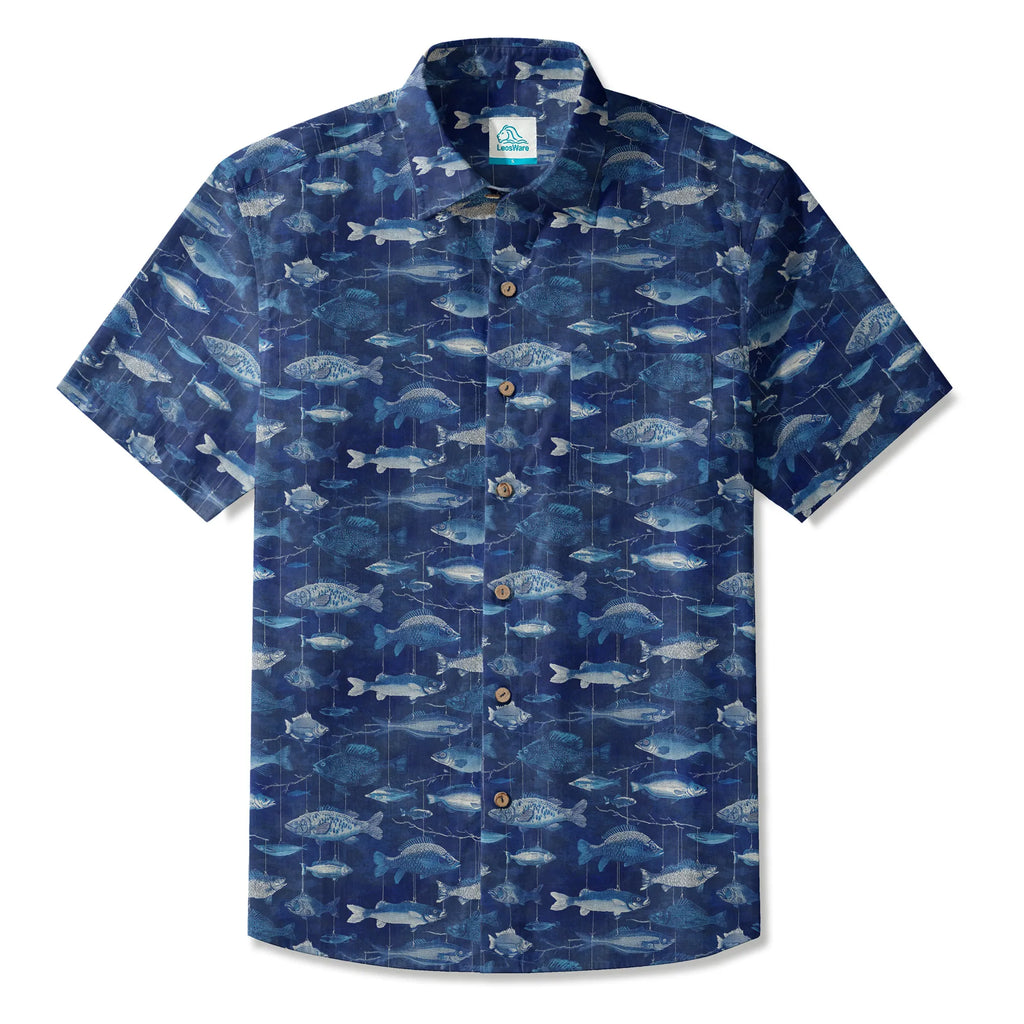 LeosWare® Men's Hawaiian Shirt Short Sleeve Button-up 100% Cotton Blue Aloha Blue Jazz Hanging Fish Pattern By Ann