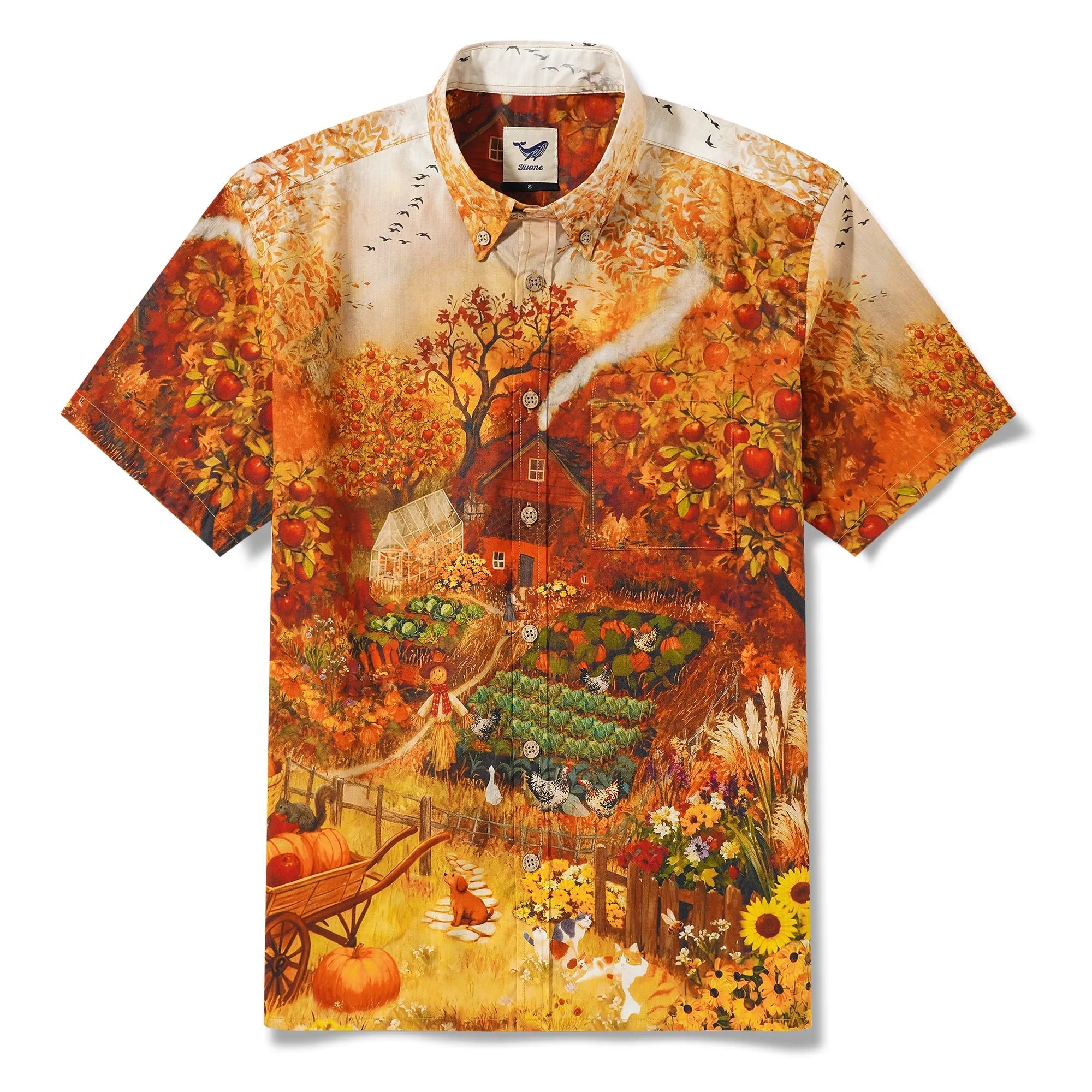 Chemise Hawaiian pour Homme à Manches Courtes Boutonnée 100% Coton Jaune Aloha Charme d'Automne Campagne Chute Pomme Chat Chien Jardin Campagne Récolte Par Huan huan