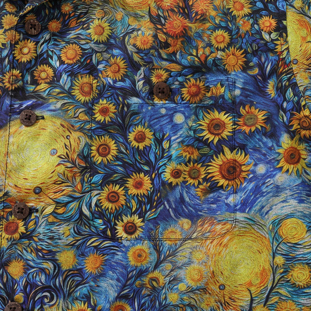 Chemise hawaïenne vintage des années 1960 pour homme Chemise Tournesol Van Gogh 100 % coton Chemise à col camp par Yakima