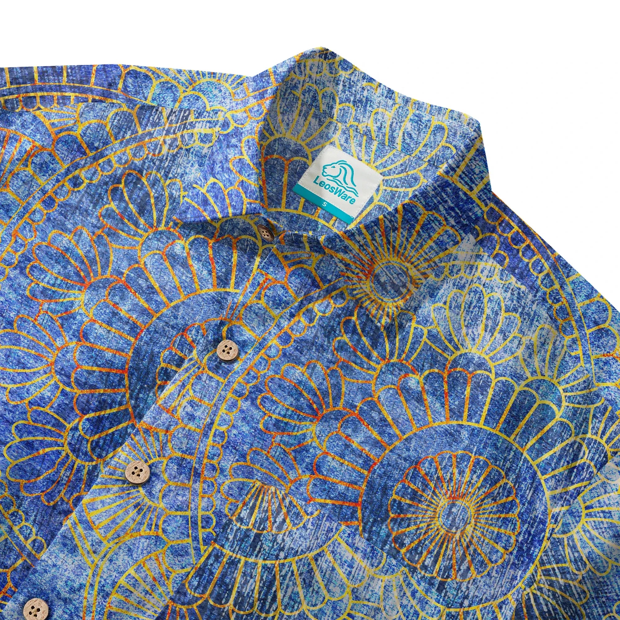 LeosWare® Men's Hawaiian Shirt Short Sleeve Button-up 100% Cotton Blue Aloha Indigo Mandala By Ann