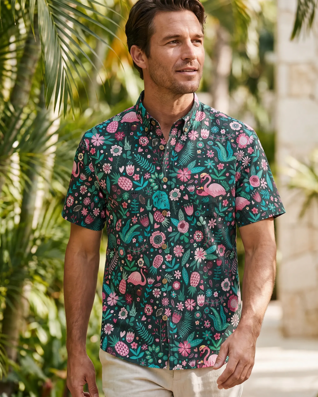 Men's Hawaiian Shirt Short Sleeve Button-down 100% Cotton Green Aloha Blush in the Jungle Flamingo By Cigar