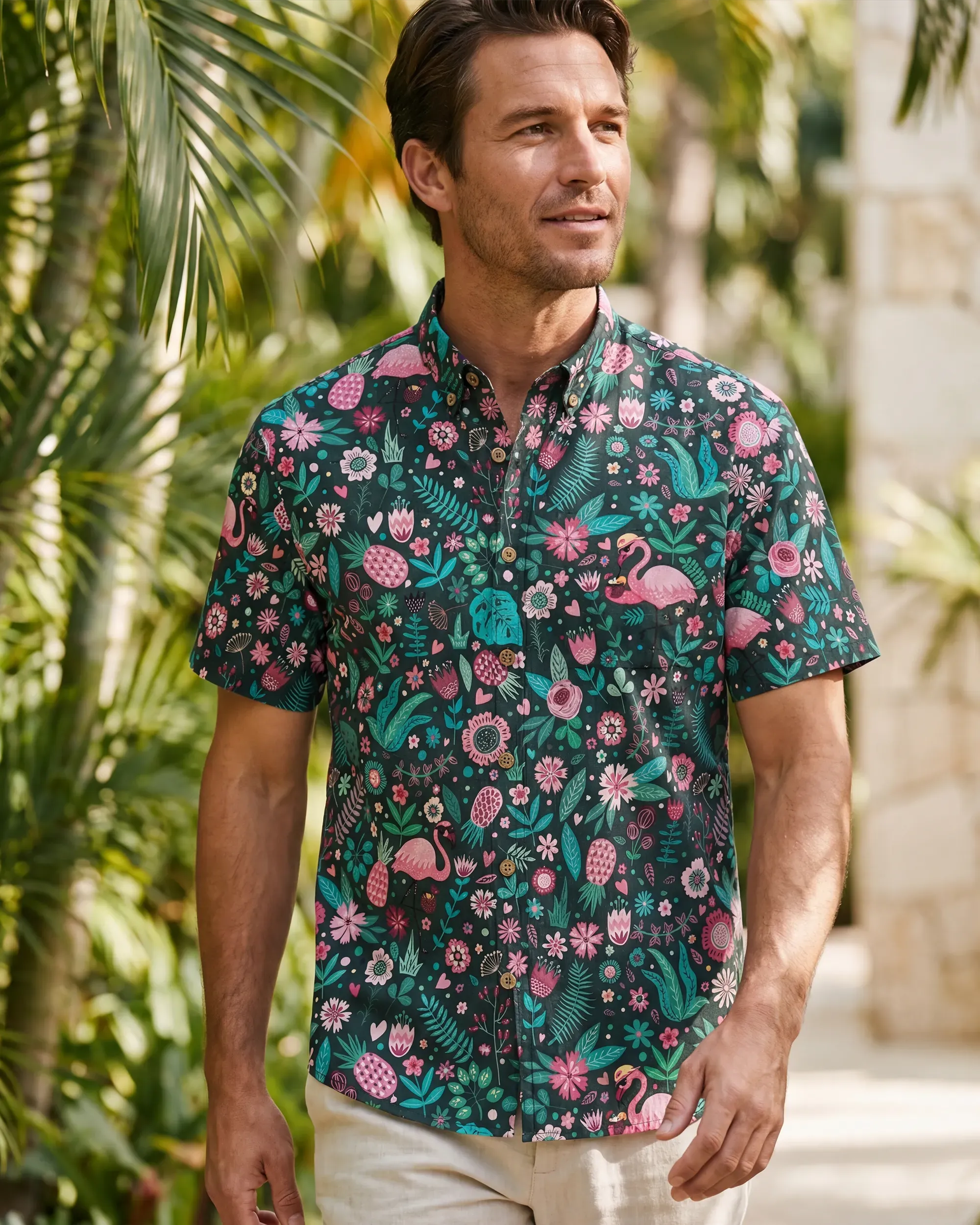 Men's Hawaiian Shirt Short Sleeve Button-down 100% Cotton Green Aloha Blush in the Jungle Flamingo By Cigar