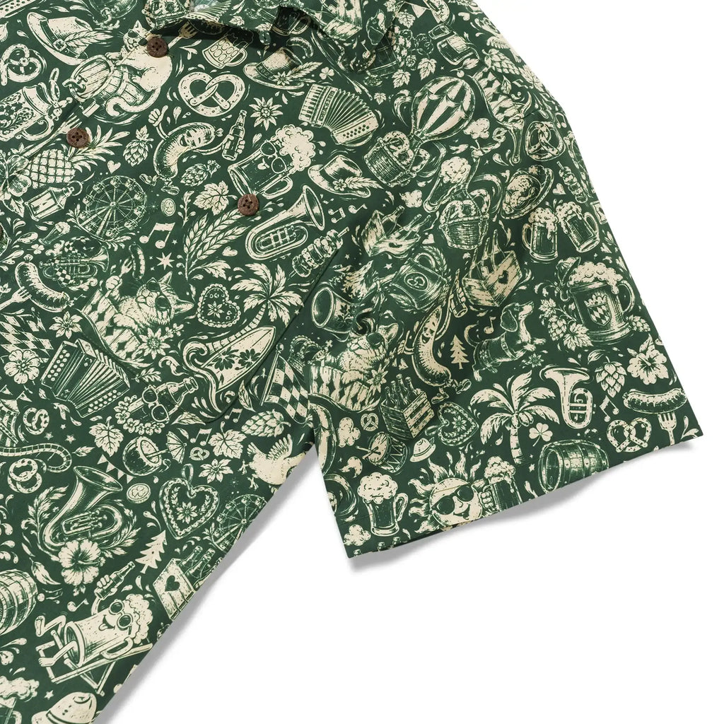 Men's Hawaiian Shirt Short Sleeve Camp Collar 100% Cotton Green Aloha Vintage Beer Festival Cheer - Green By Cigar