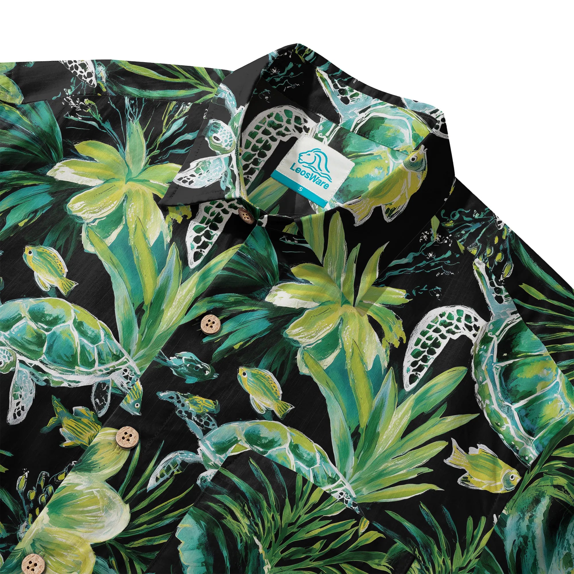 LeosWare® Men's Hawaiian Shirt Short Sleeve Button-up 100% Cotton Green Aloha Deep Sea Green Reflection By Ann