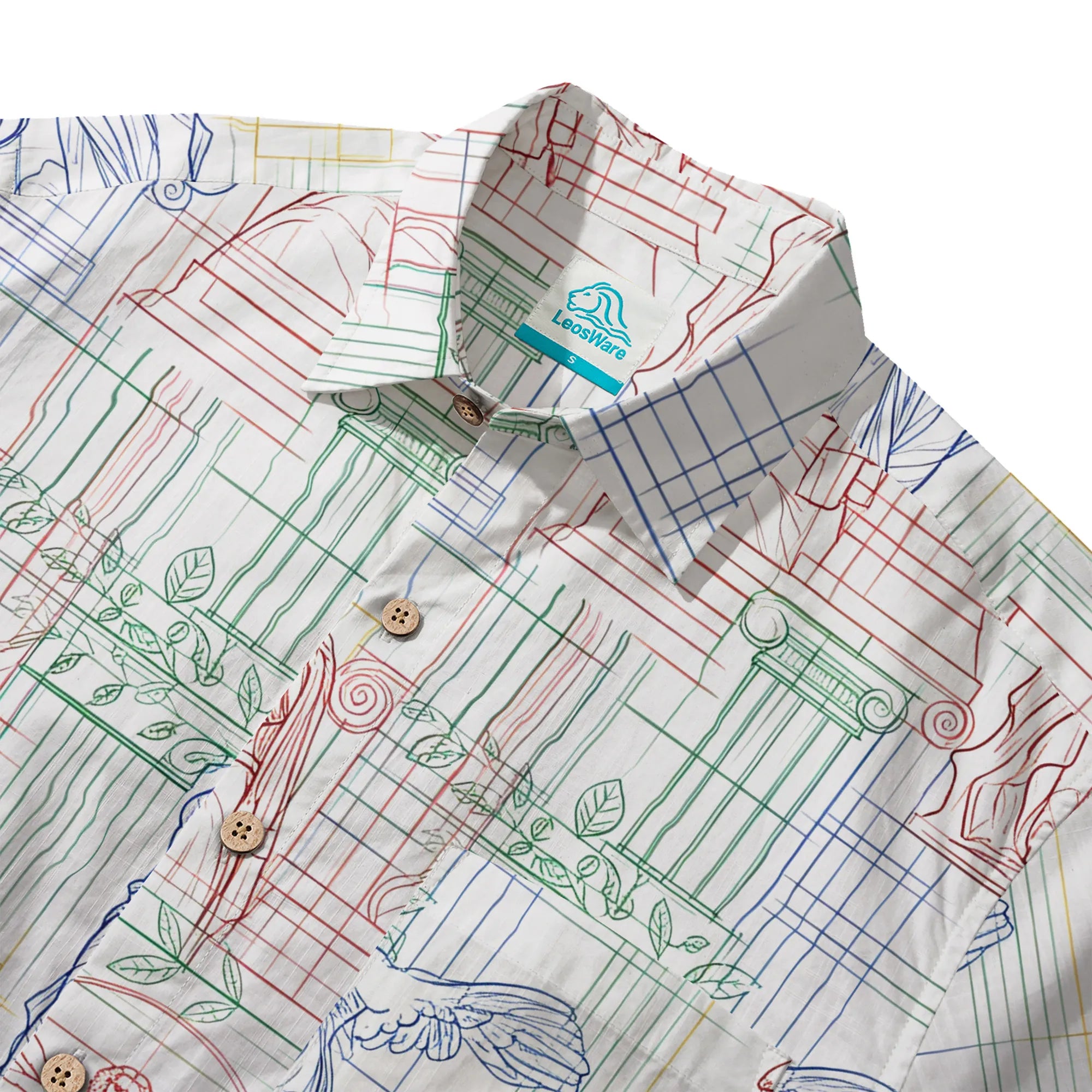 LeosWare® Men's Hawaiian Shirt Short Sleeve Button-up 100% Cotton White Aloha Renaissance Outline Sketches By Ann