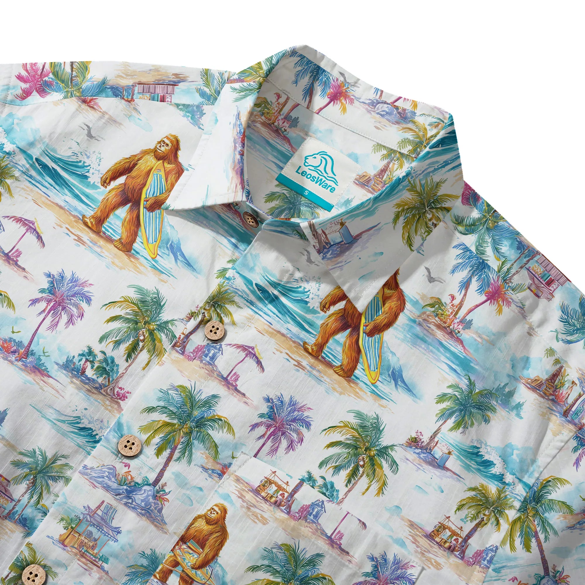 LeosWare® Men's Hawaiian Shirt Short Sleeve Button-up 100% Cotton White Aloha Surfing Vacation Of Bigfoot By Ann