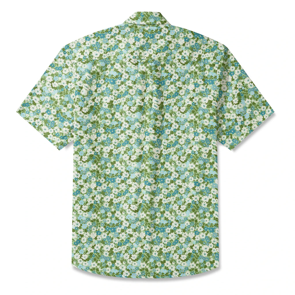 LeosWare® Flower Men's Hawaiian Shirt Short Sleeve Button-up 100% Cotton Green Aloha Fresh Blooms By Ann