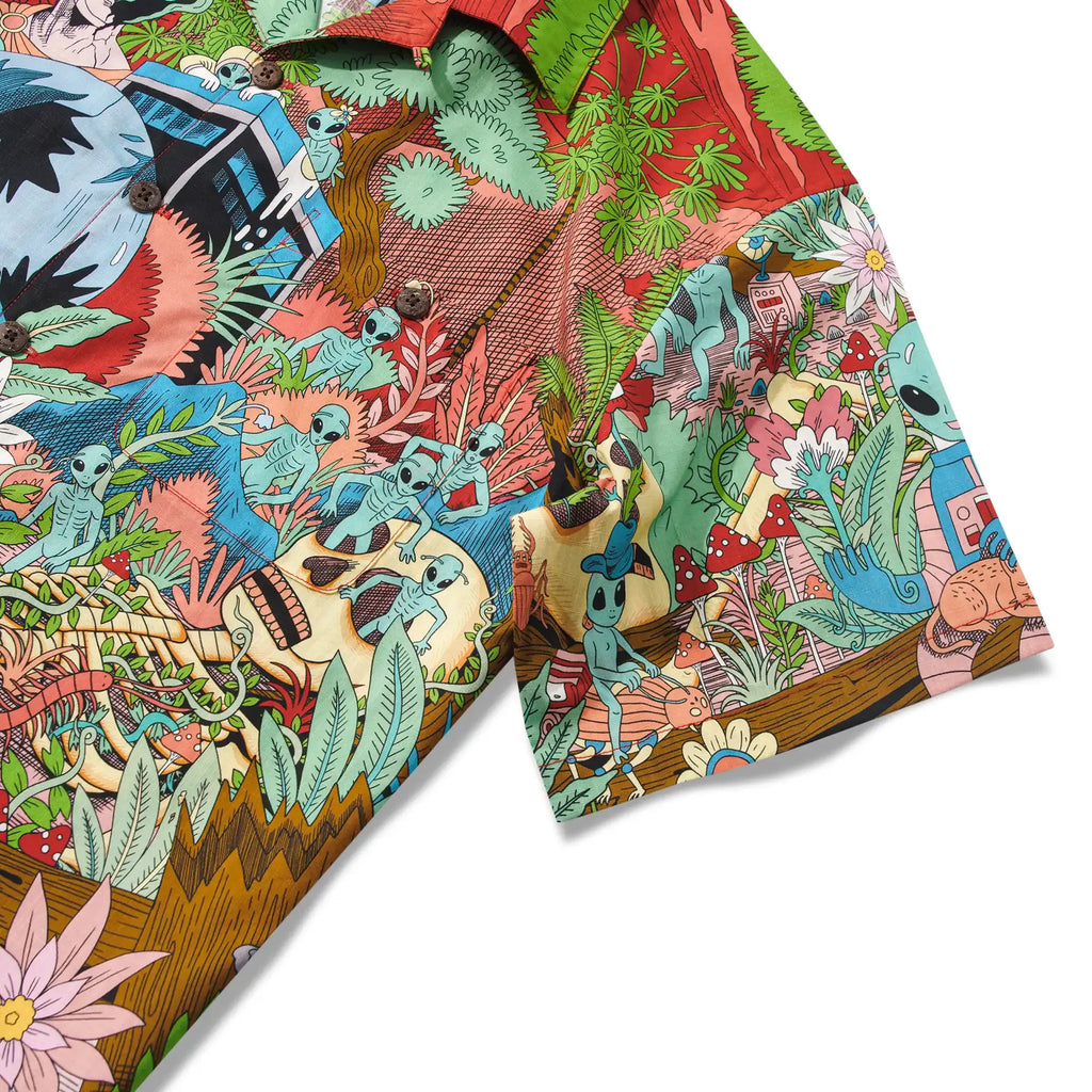 Men's Hawaiian Shirt Short Sleeve Camp Collar 100% Cotton Green Aloha Alien Galactic Garden By Huan huan