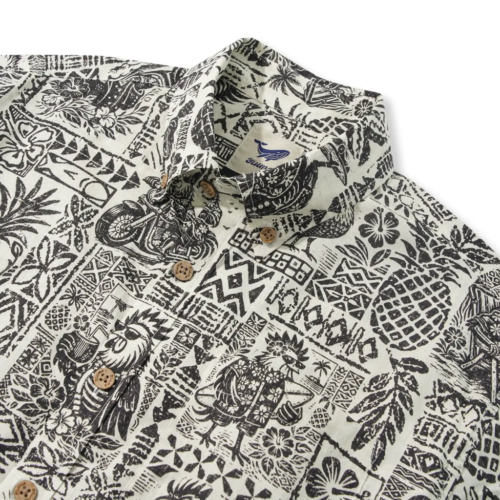 Men's Hawaiian Shirt Short Sleeve Button-down 100% Cotton Black Rooster Aloha The Bone Voyage By Cigar