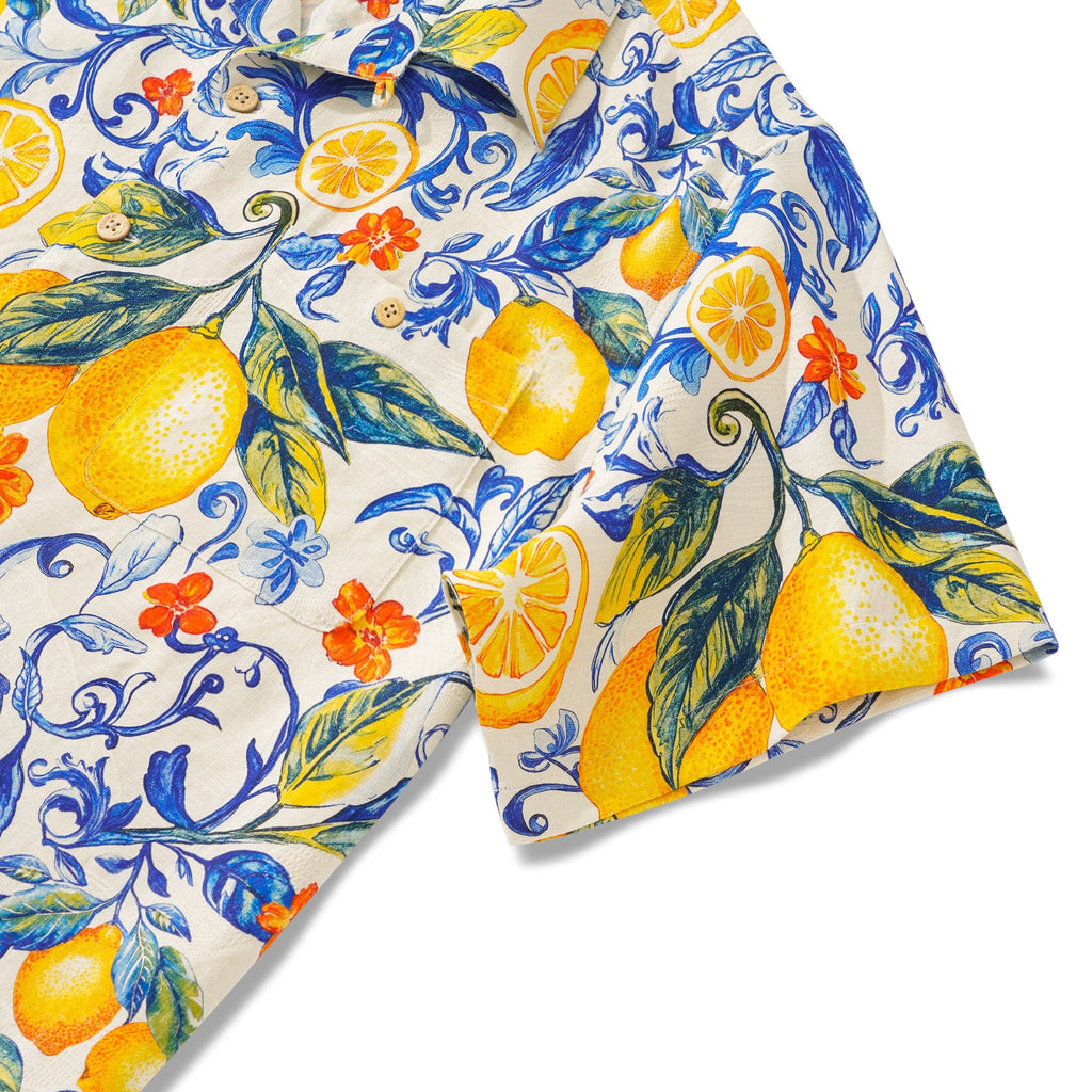 100% Silk Men's Hawaiian Shirt Short Sleeve Camp Collar 100% Silk Blue Aloha Sunlit Lemons By Mo