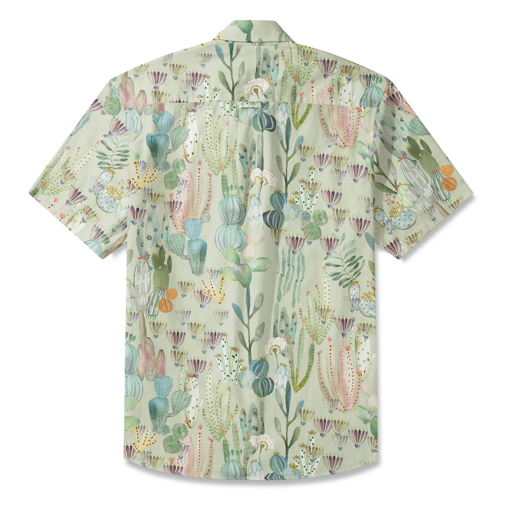 LeosWare® Men's Hawaiian Shirt Short Sleeve Button-up 100% Cotton Green Aloha Cactus Paradise By Huan huan