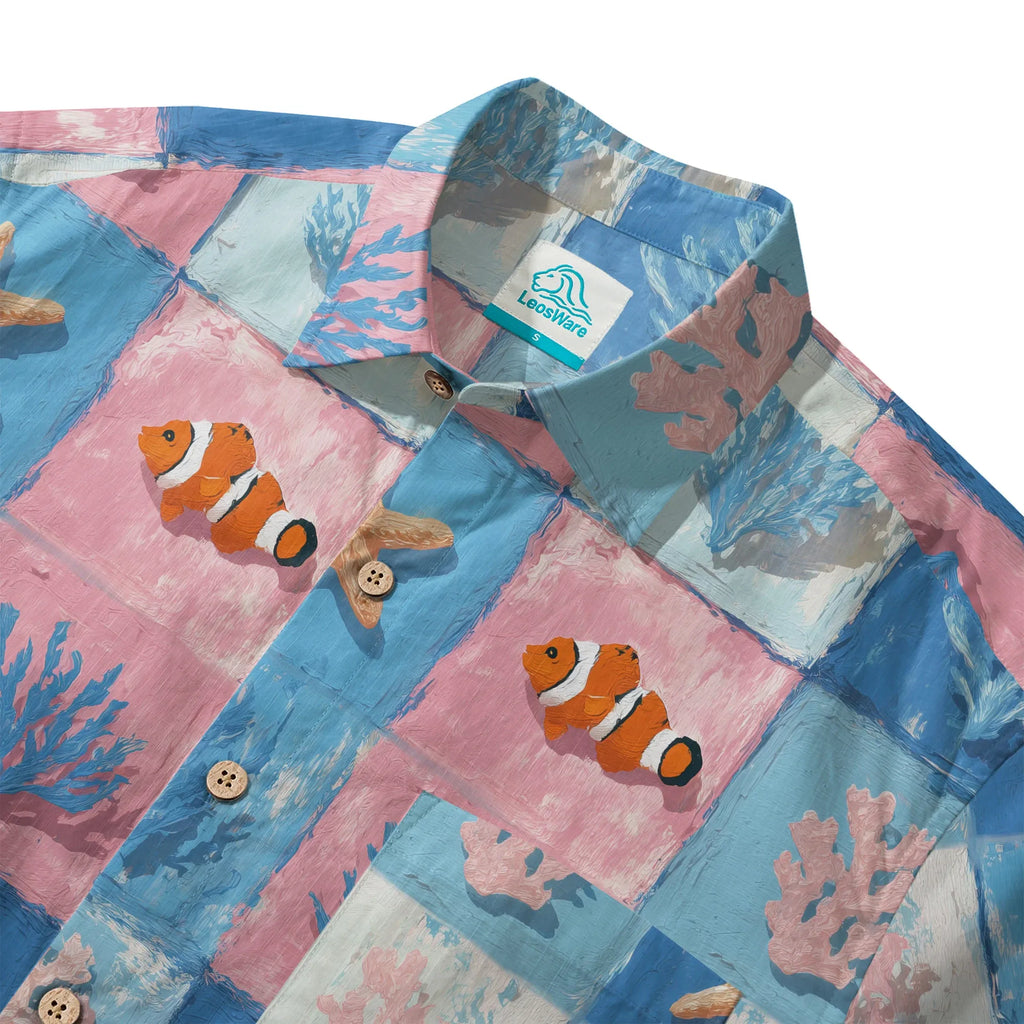 LeosWare® Plaid Men's Hawaiian Shirt Short Sleeve Button-up 100% Cotton Blue Aloha Oceanic Chessboard By Ann