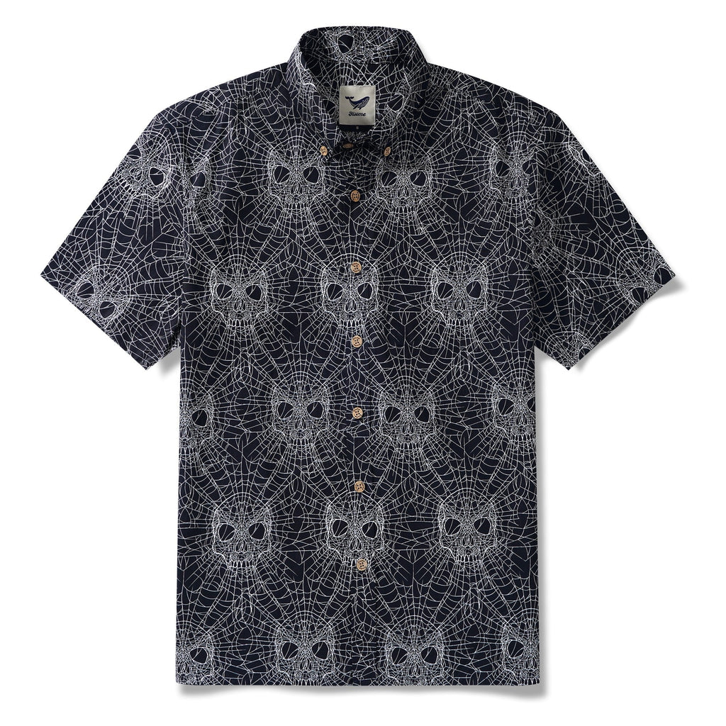 Men's Hawaiian Shirt Short Sleeve Button-down 100% Cotton Black Aloha Gothic Skull Spider Web By Mystic Hearts By Alejandra Valenzuela