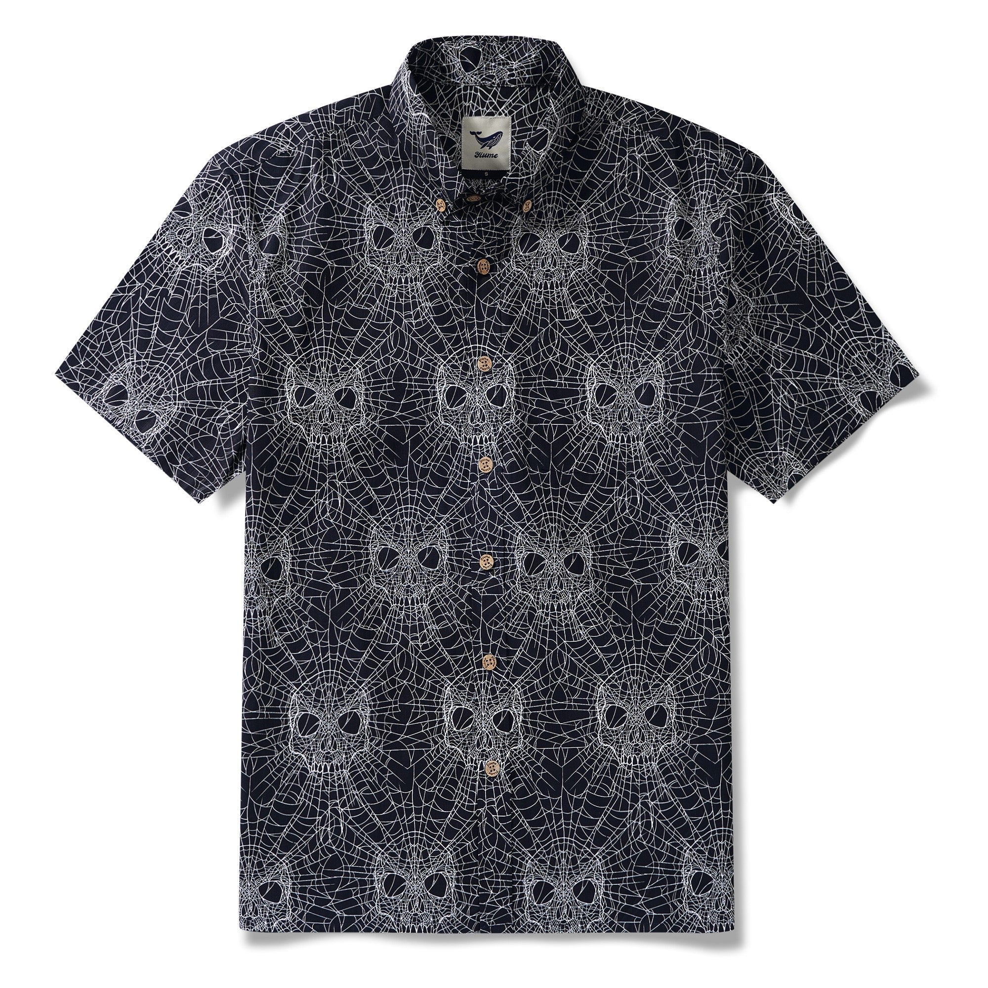 Men's Hawaiian Shirt Short Sleeve Button-down 100% Cotton Black Aloha Gothic Skull Spider Web By Mystic Hearts By Alejandra Valenzuela