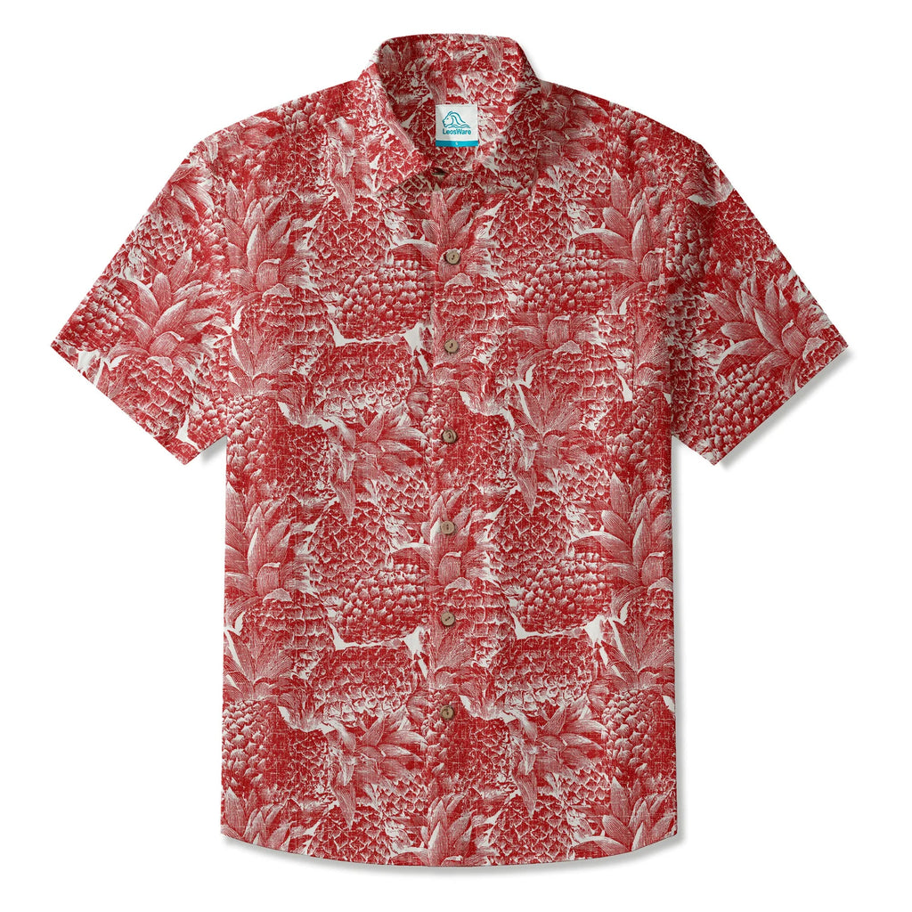 Chemise Hawaïenne à Manches Courtes LeosWare® pour Homme 100% Coton Rouge Aloha Ananas Rouge Linogravure Par Ann