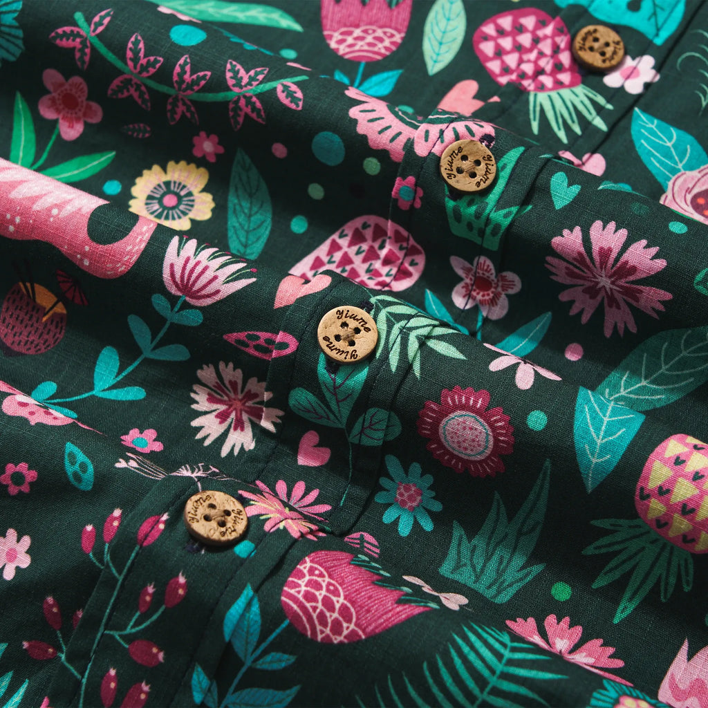 Men's Hawaiian Shirt Short Sleeve Button-down 100% Cotton Green Aloha Blush in the Jungle Flamingo By Cigar