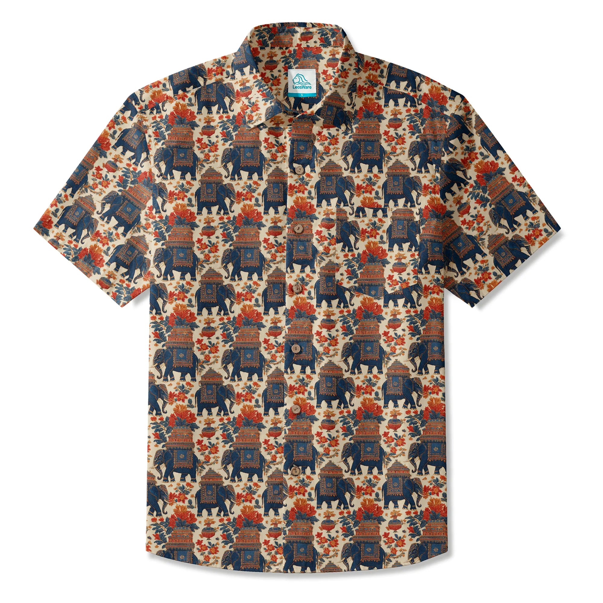 Elephant LeosWare® Men's Hawaiian Shirt Short Sleeve Button-up 100% Cotton Beige Aloha Temple Of The Elephant God By Ann