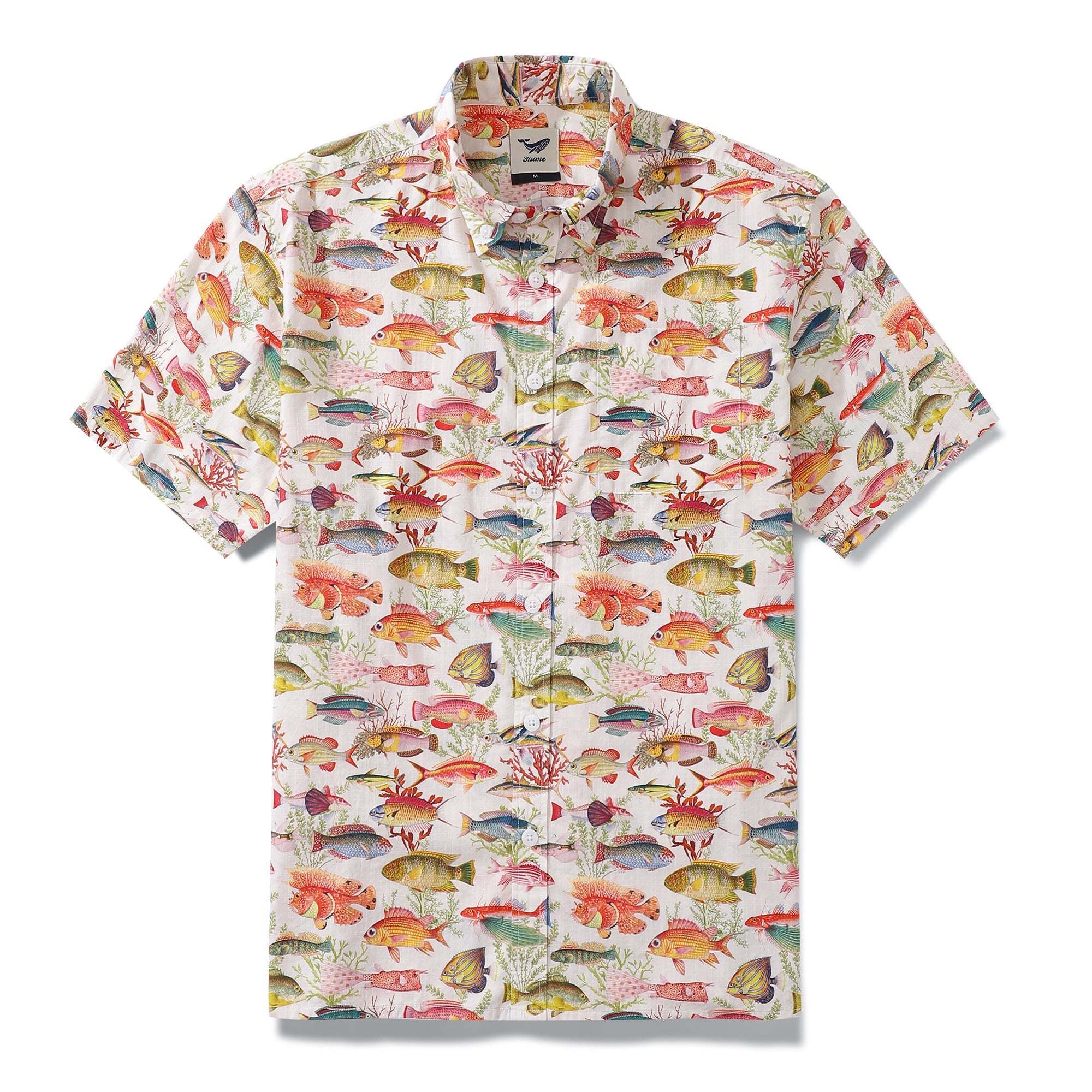 Yiume Fishing Shirt Hawaiian Shirt For Men  Short Sleeve Button-down Shirt 100% Cotton White Aloha Sea Ocean Fish By Amy