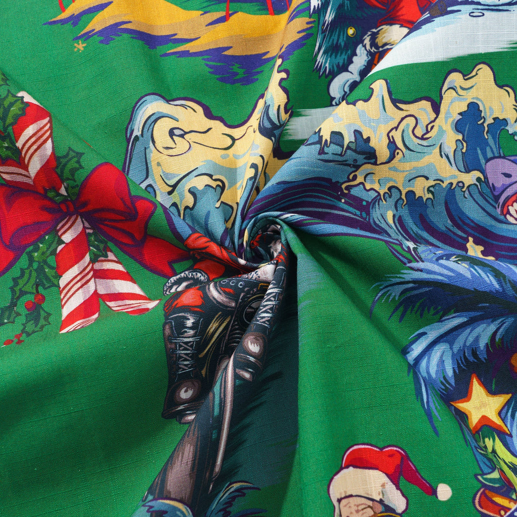 Christmas Santa Claus in Hawaii 100% Cotton Men's Aloha Hawaiian Short Sleeve Camp Collar Shirt By Yana