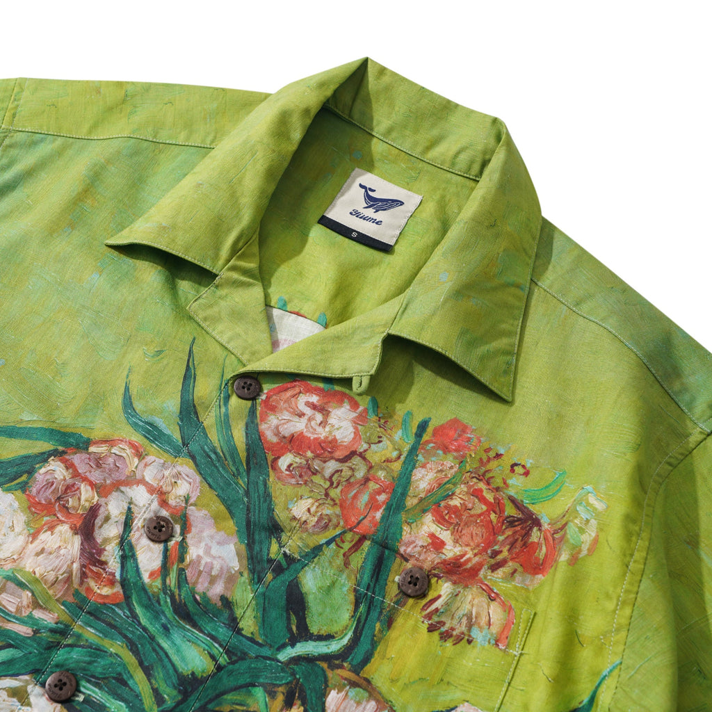Men's Hawaiian Shirt Short Sleeve Camp Collar 100% Cotton Green Aloha Van Gogh Blossoms By Mo