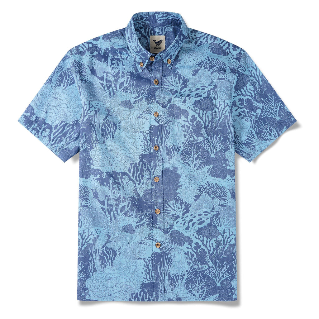 Men's Hawaiian Shirt Short Sleeve Button-down 100% Cotton Blue Aloha Undersea Coral Reef By Zeke
