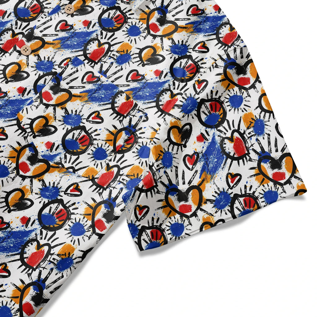 LeosWare® Men's Hawaiian Shirt Short Sleeve Button-up 100% Cotton White Aloha Color Clash Heart Mango By Ann