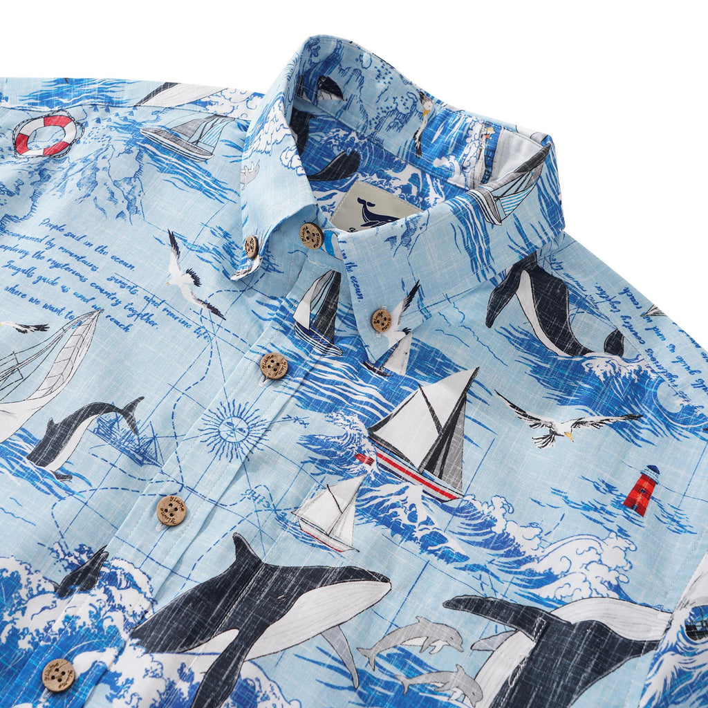 Men's Hawaiian Shirt Short Sleeve Button-down 100% Cotton White Aloha Joyful Ocean By Huan huan