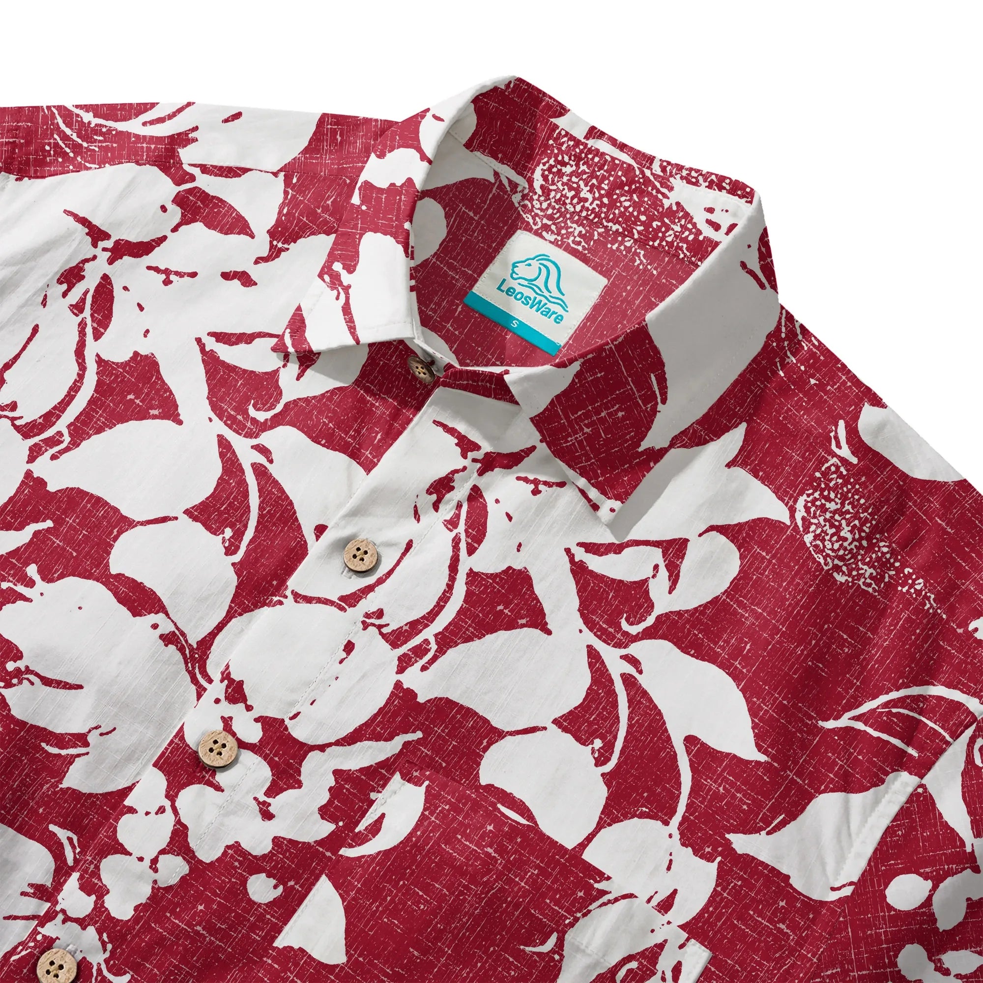 LeosWare® Flower Men's Hawaiian Shirt Short Sleeve Button-up 100% Cotton Red Aloha Crimson Blossom Harmony By Ann