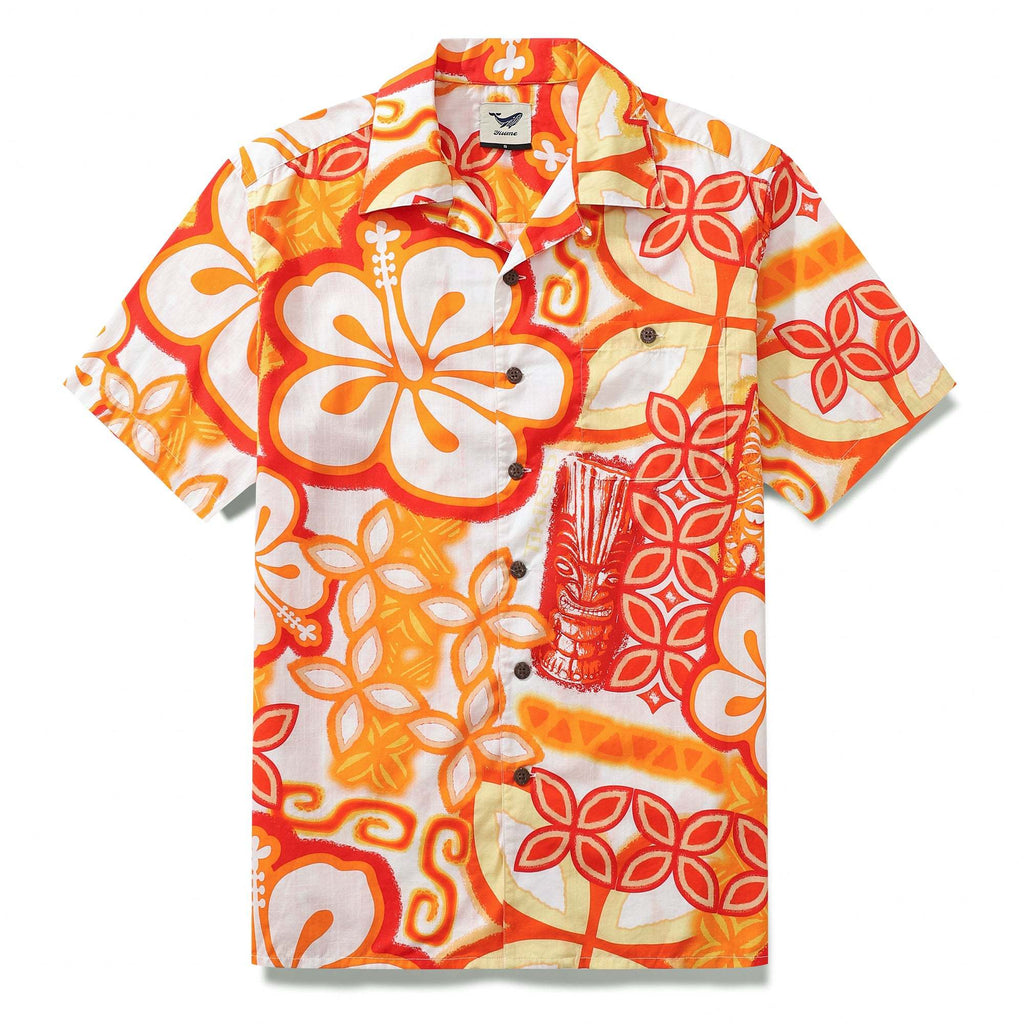 Yiume 1930s Vintage Floral Hawaiian Shirt By TIKIROB Designer Shirt Orange Camp Collar Tiki Shirt
