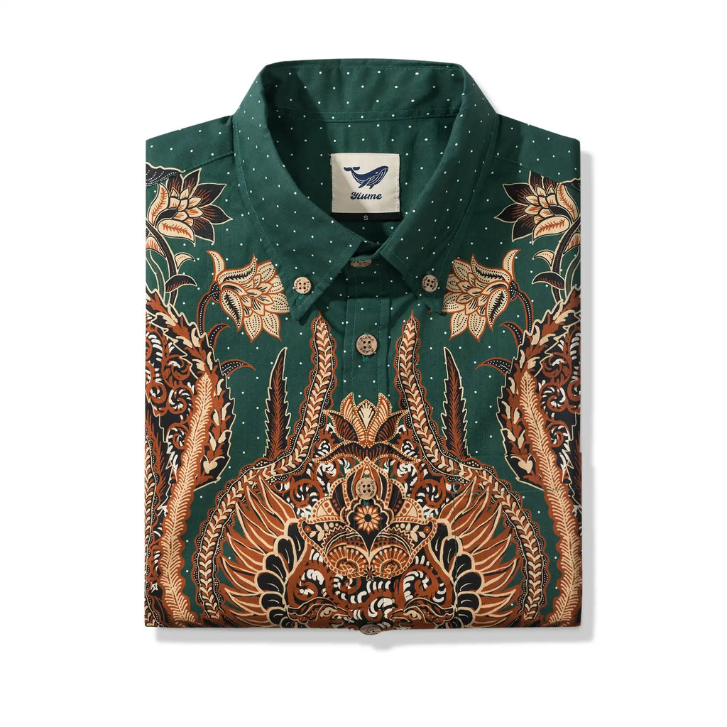 Indian Style Men's Hawaiian Shirt Short Sleeve Button-down 100% Cotton Green Aloha Phoenix Rebirth By Yana