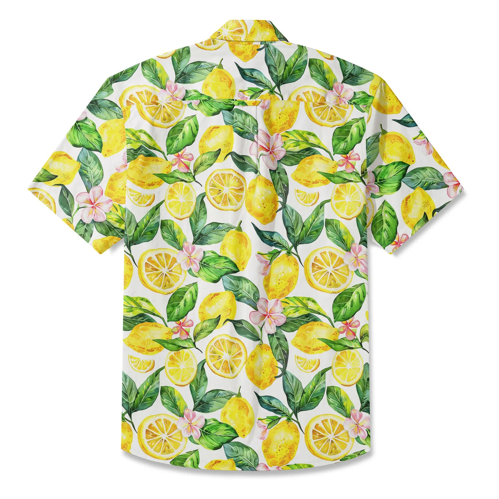 LeosWare® Men's Hawaiian Shirt Short Sleeve Button-up 100% Cotton Yellow Aloha Lemon Summer Essence By Ann