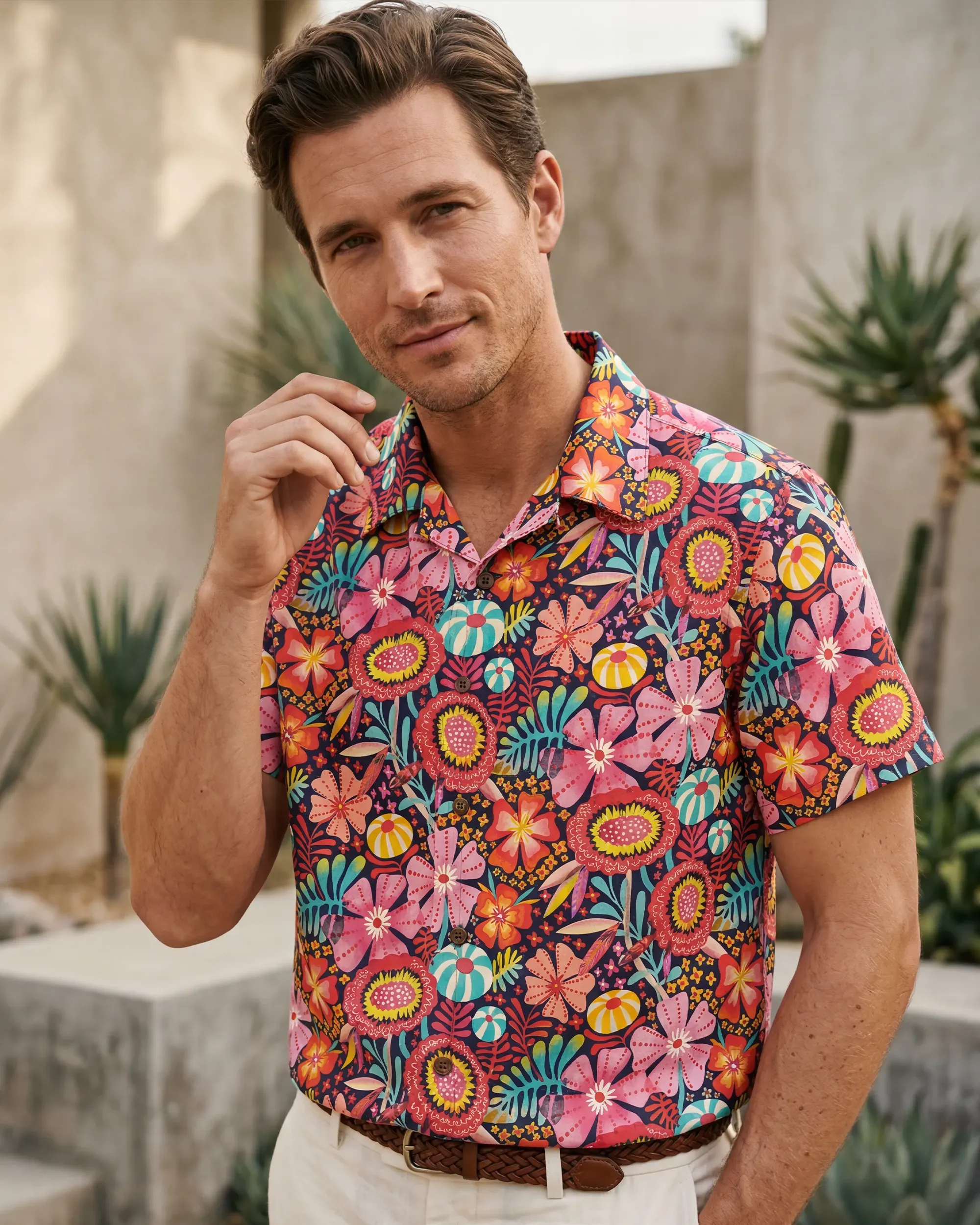 Men's Hawaiian Shirt Short Sleeve Camp Collar 100% Cotton Blue Aloha Multicolor Super Bloom By Uta Krogmann
