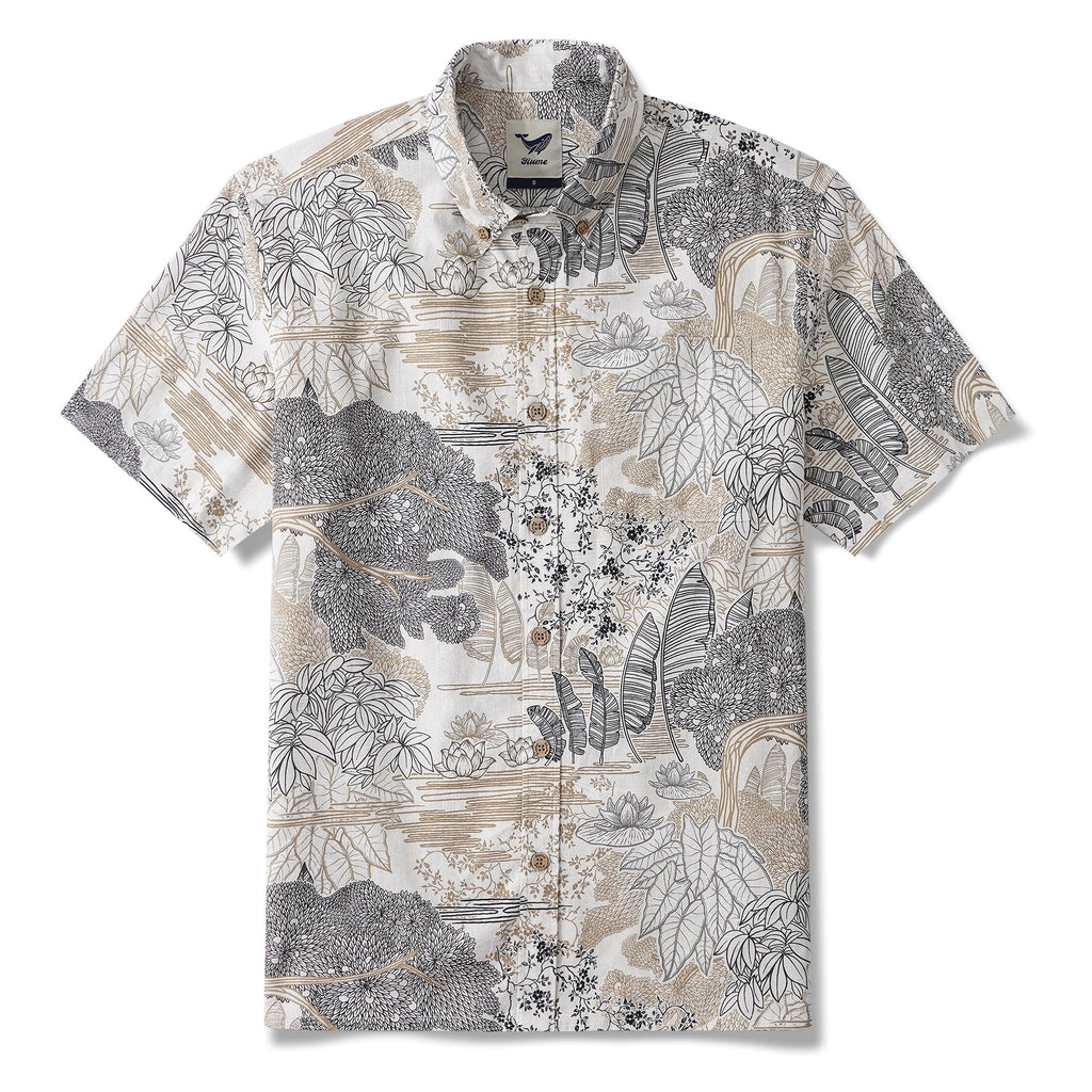 Botanical Oasis 100% Cotton Men's Short Sleeve Button-down Shirt Brown Aloha Hawaiian By Yakima