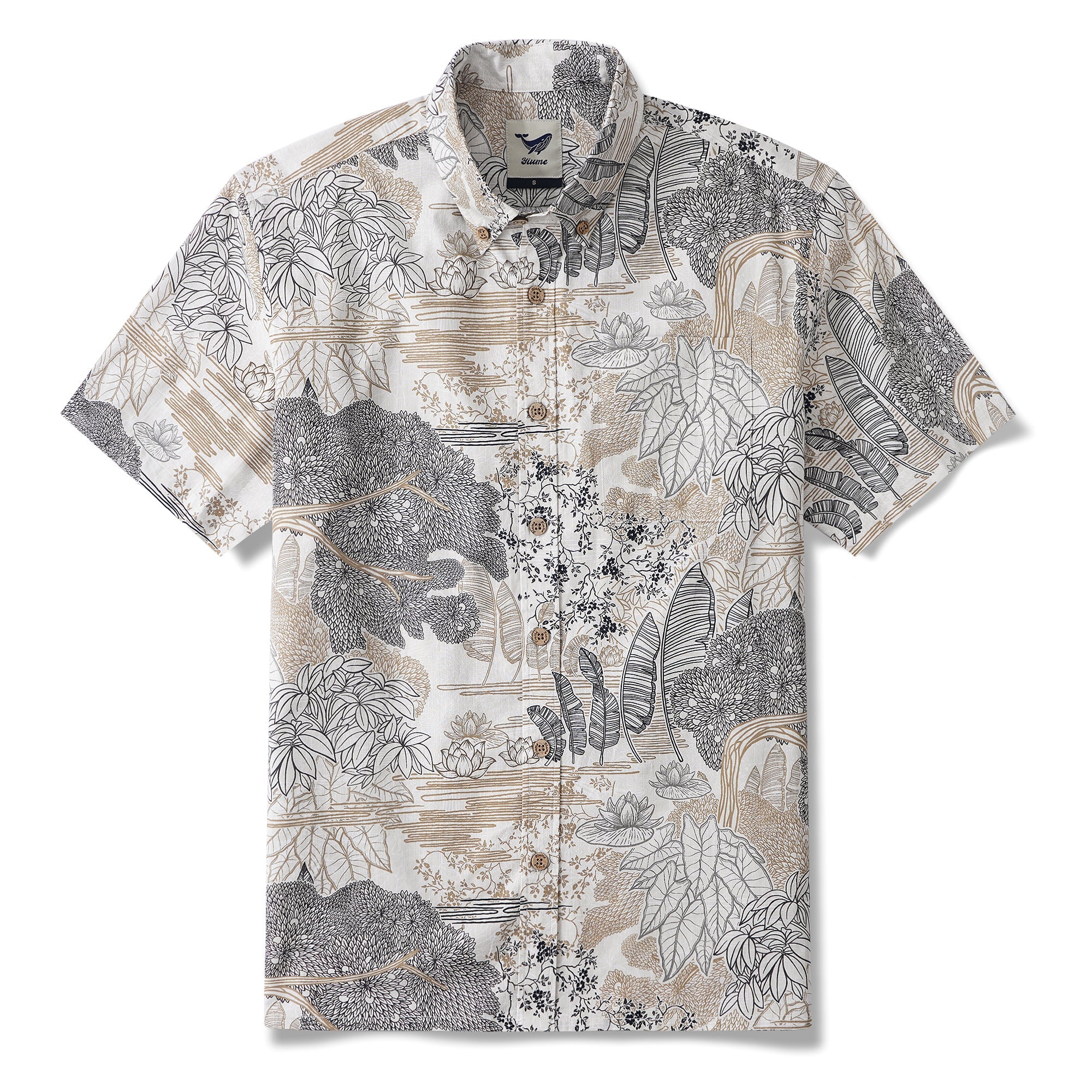 Botanical Oasis 100% Cotton Men's Short Sleeve Button-down Shirt Brown Aloha Hawaiian By Yakima