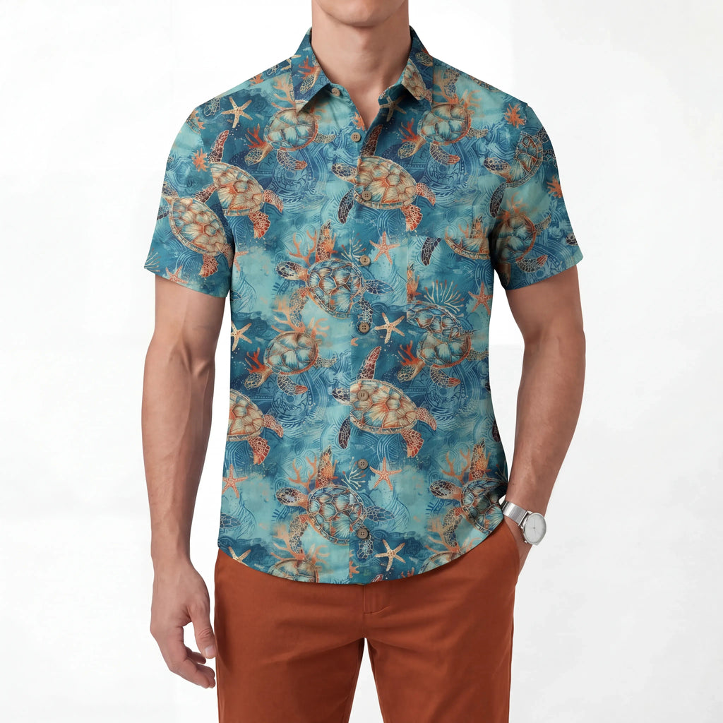 Chemise hawaïenne pour homme LeosWare® à manches courtes avec boutons 100 % coton bleu Aloha tortue dorée mer par Ann