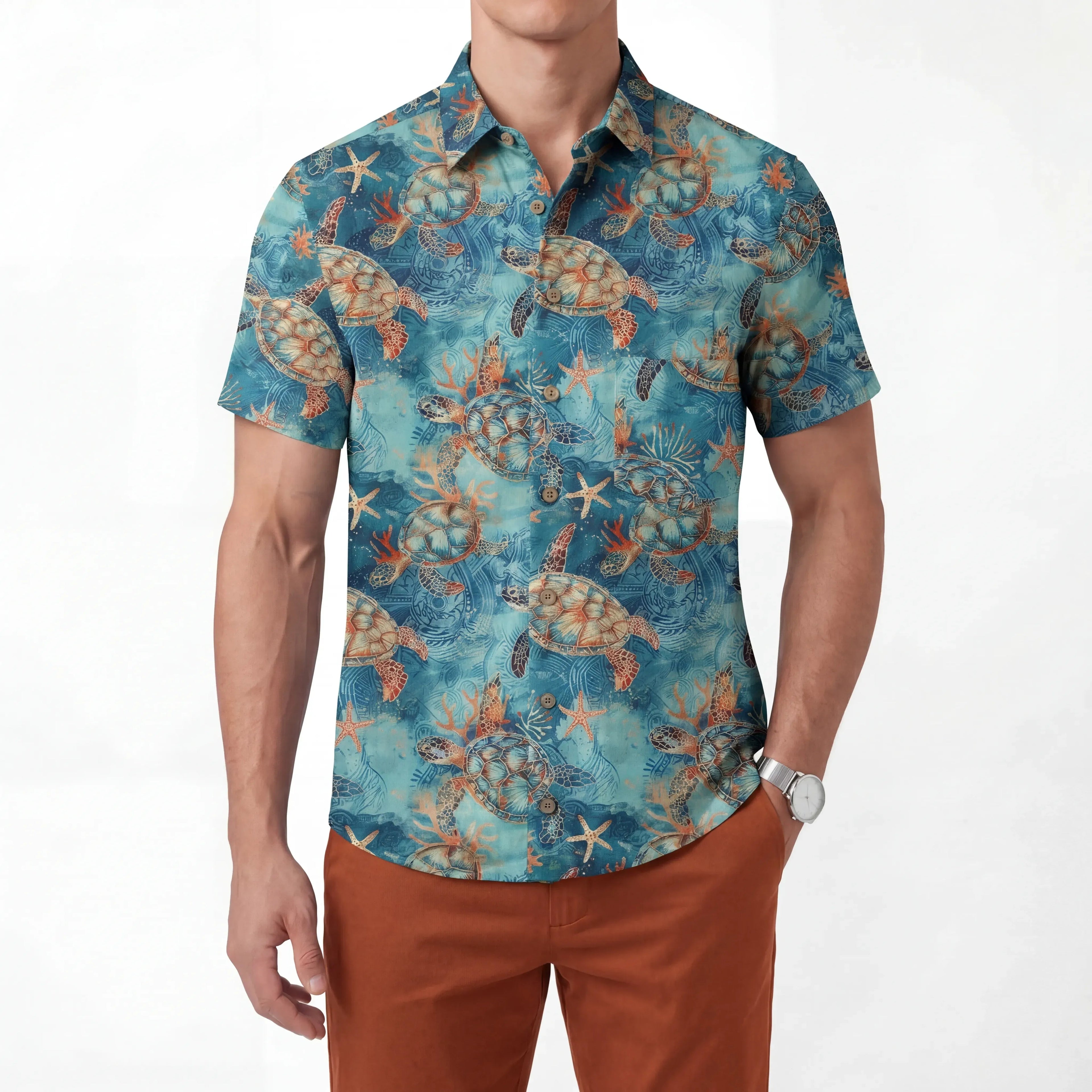 Chemise hawaïenne pour homme LeosWare® à manches courtes avec boutons 100 % coton bleu Aloha tortue dorée mer par Ann