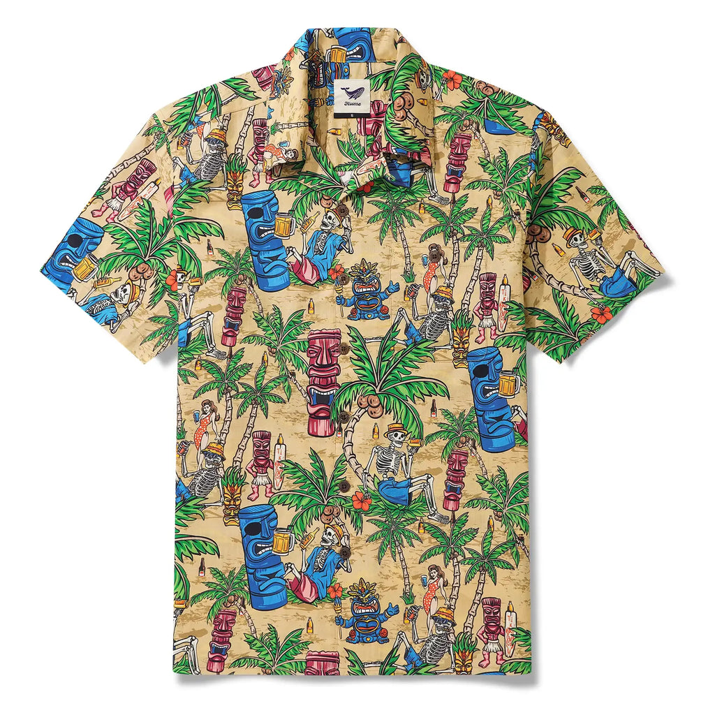 Men's Hawaiian Shirt Short Sleeve Camp Collar 100% Cotton Green Aloha Tiki Seaside Bash By Yana
