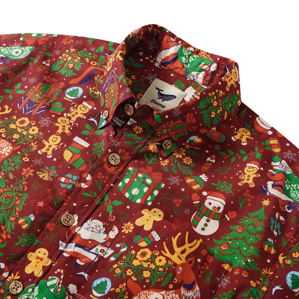 Men's Hawaiian Shirt Short Sleeve Button-down 100% Cotton Red Aloha Christmas Essence By Yakima