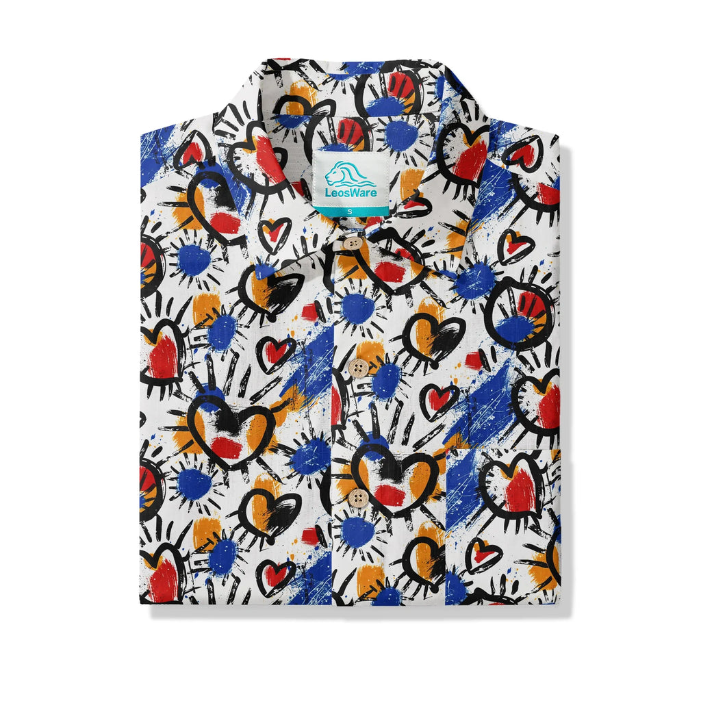 LeosWare® Men's Hawaiian Shirt Short Sleeve Button-up 100% Cotton White Aloha Color Clash Heart Mango By Ann