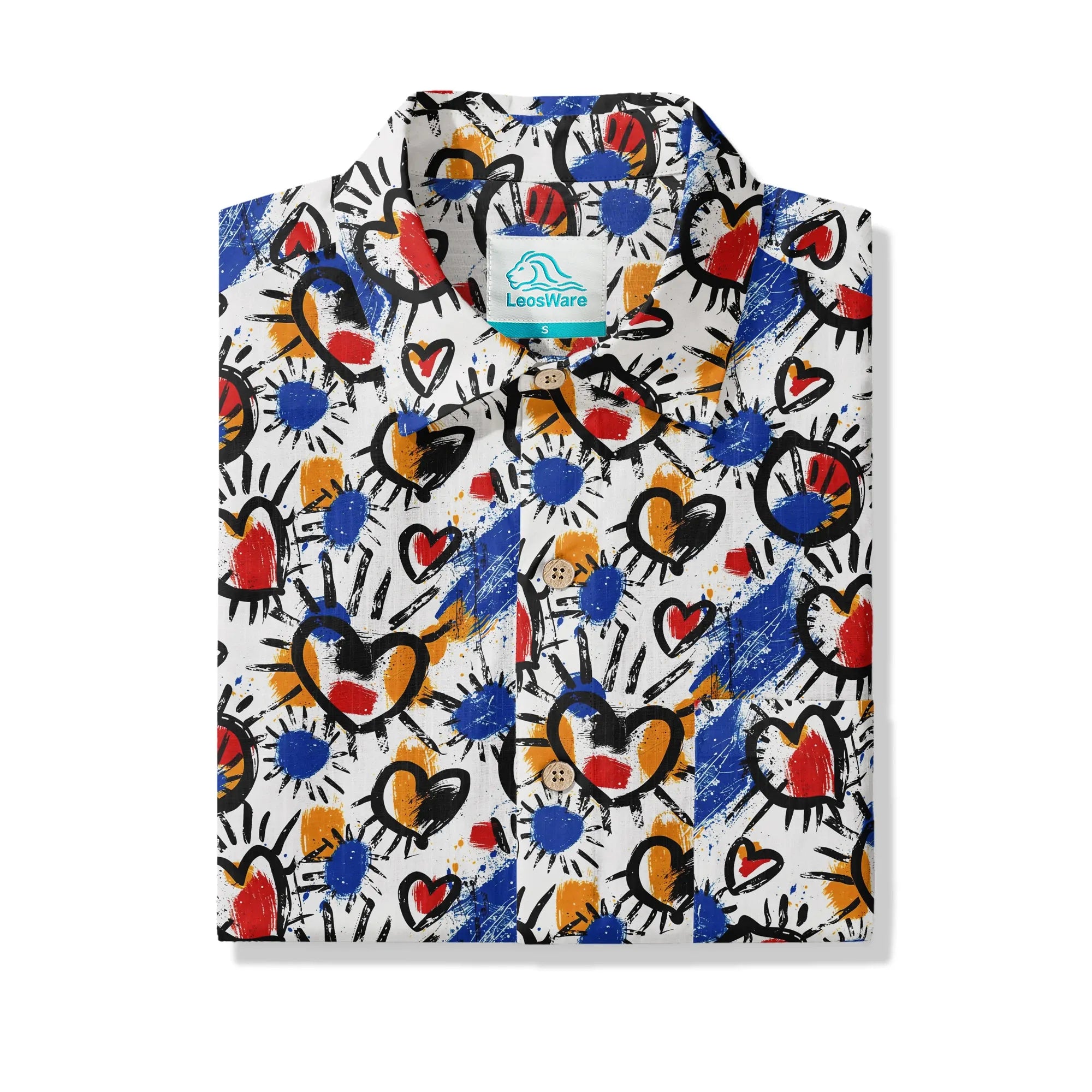 LeosWare® Men's Hawaiian Shirt Short Sleeve Button-up 100% Cotton White Aloha Color Clash Heart Mango By Ann