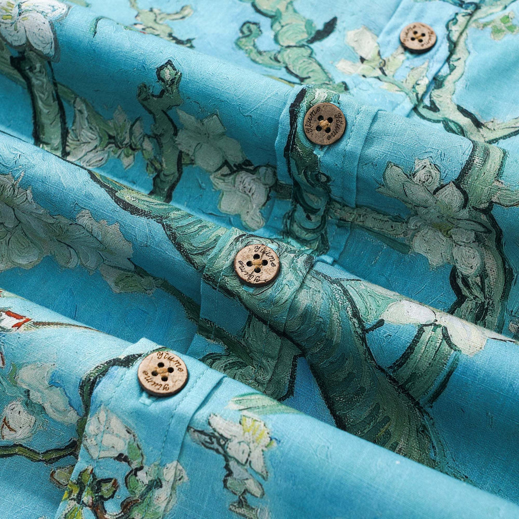 Men's Hawaiian Shirt Short Sleeve Button-down 100% Cotton Green Aloha Blossoming Almond By Sun
