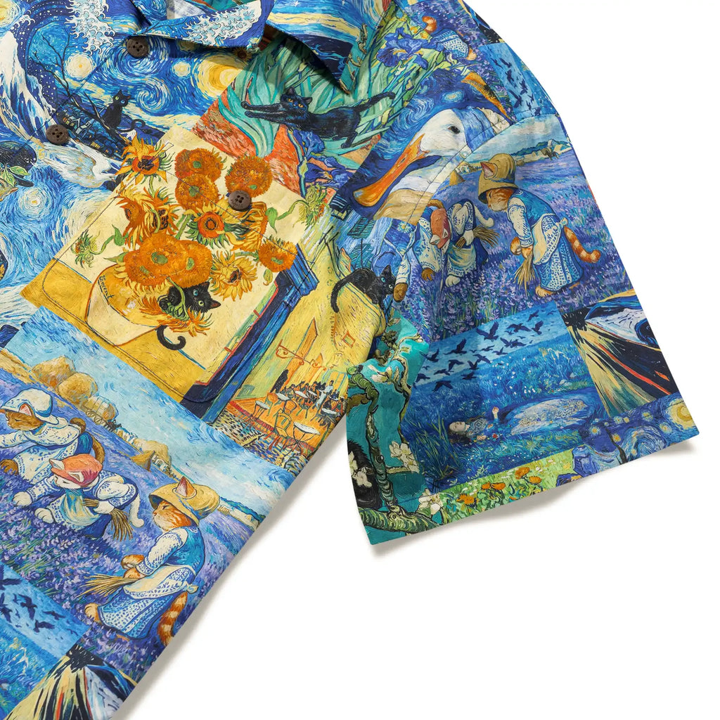 Men's Hawaiian Shirt Short Sleeve Camp Collar 100% Cotton Blue Aloha Starry Night Cat Fantasy By Mo