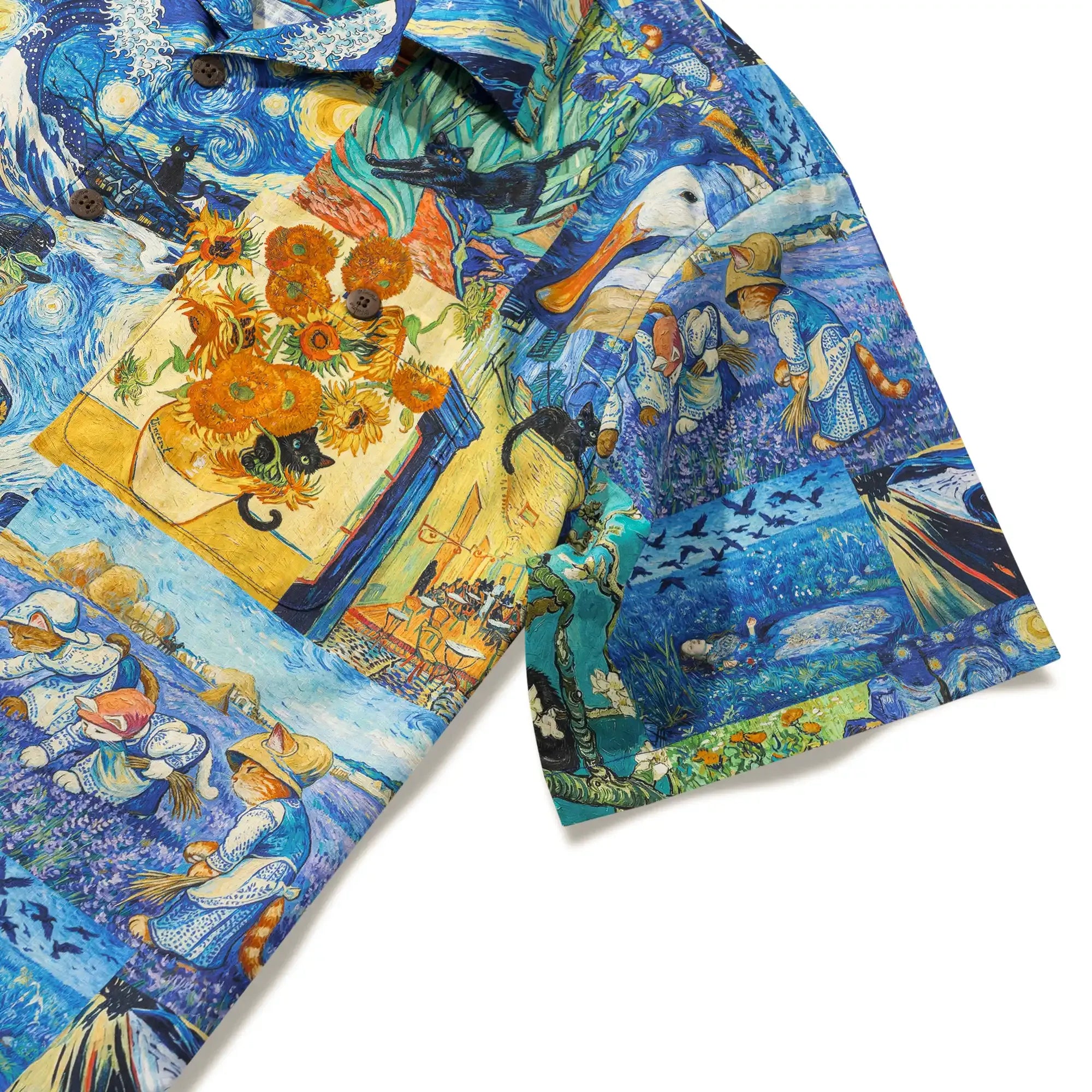 Men's Hawaiian Shirt Short Sleeve Camp Collar 100% Cotton Blue Aloha Starry Night Cat Fantasy By Mo