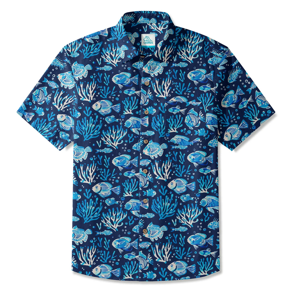 LeosWare® Men's Hawaiian Shirt Short Sleeve Button-up 100% Cotton Blue Coral Aloha Deep Blue Fish Whisper By Ann